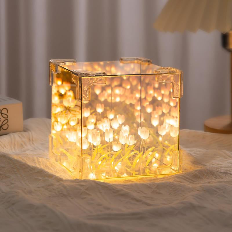 Tulip Night Light DIY Cube Tulip Mirror Lamp Led Decorative Nights Lamp for Bedroom Mirror Lamp Magic Cube Tulips Flower Table Lamp Nights Lamp for Bedroom and Mirror 2 in 1 (Pink Purple Blue Tulips) Springtok