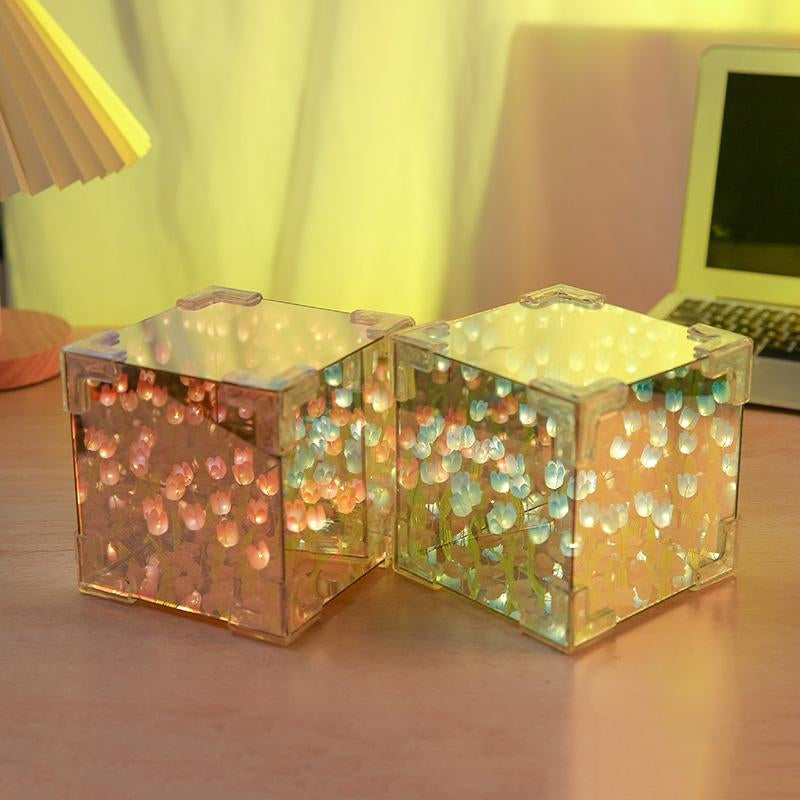 Tulip Night Light DIY Cube Tulip Mirror Lamp Led Decorative Nights Lamp for Bedroom Mirror Lamp Magic Cube Tulips Flower Table Lamp Nights Lamp for Bedroom and Mirror 2 in 1 (Pink Purple Blue Tulips) Springtok