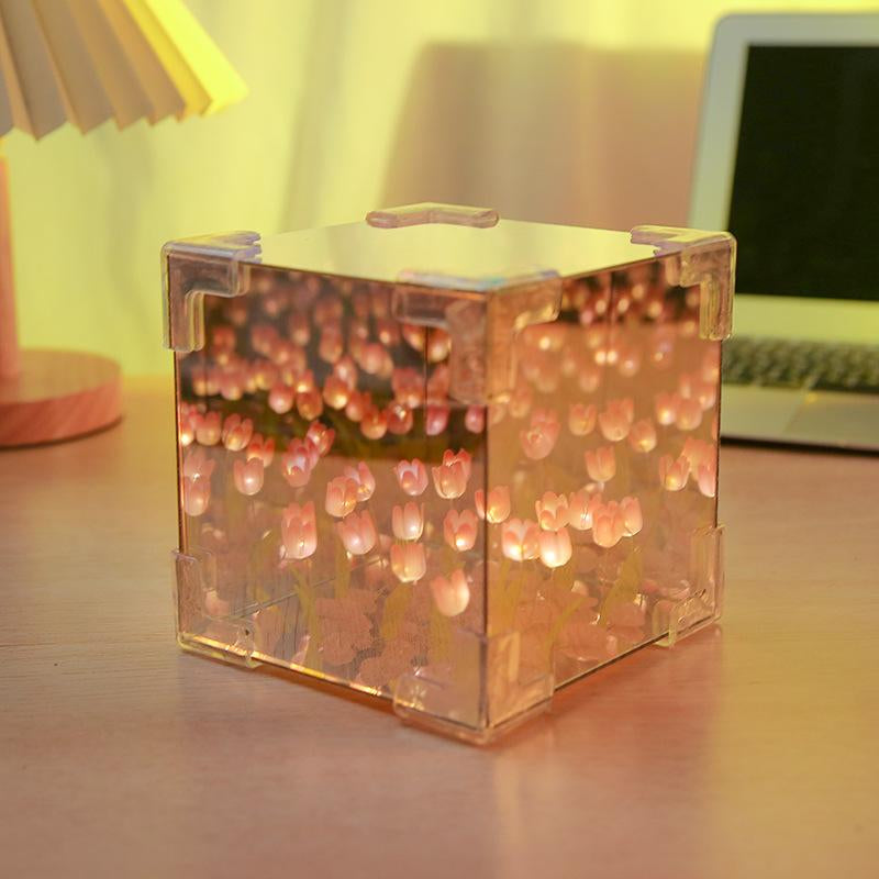 Tulip Night Light DIY Cube Tulip Mirror Lamp Led Decorative Nights Lamp for Bedroom Mirror Lamp Magic Cube Tulips Flower Table Lamp Nights Lamp for Bedroom and Mirror 2 in 1 (Pink Purple Blue Tulips) Springtok