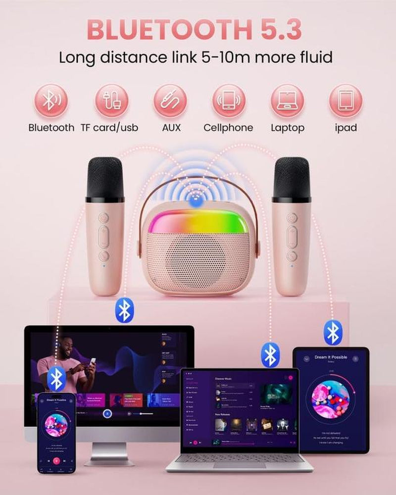 Portable Mini Karaoke Machine for Kids, Portable Bluetooth Speaker with 2 Wireless Microphones, Ideal Gift for Girls, Ages 3-8+ - Smartphone, Audio