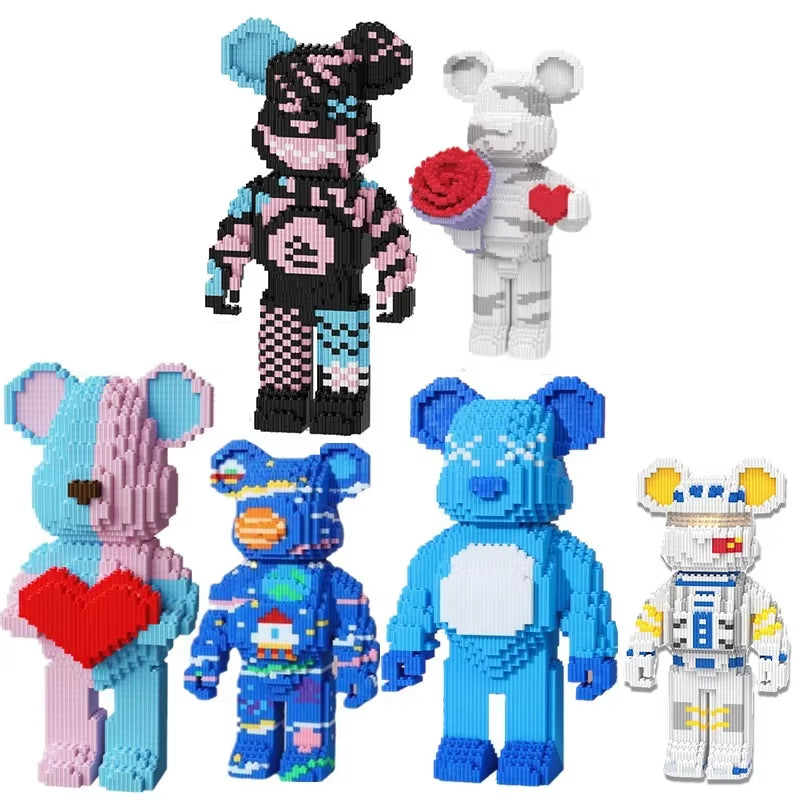 DIY Kids Toys Cartoon Mini Love Violent Bear Bearbrick Model with Light Building Block Micro Bricks Christmas Birthday Gift