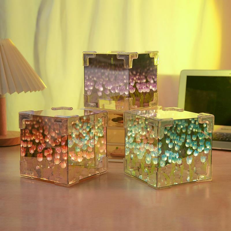 Tulip Night Light DIY Cube Tulip Mirror Lamp Led Decorative Nights Lamp for Bedroom Mirror Lamp Magic Cube Tulips Flower Table Lamp Nights Lamp for Bedroom and Mirror 2 in 1 (Pink Purple Blue Tulips) Springtok