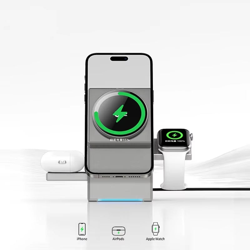 15W Qi2 3 in 1 Magsafe Magnetic Autorotation Quick Wireless Charger for Android Iphone Iwatch Airpods Fast Charging Dock Station