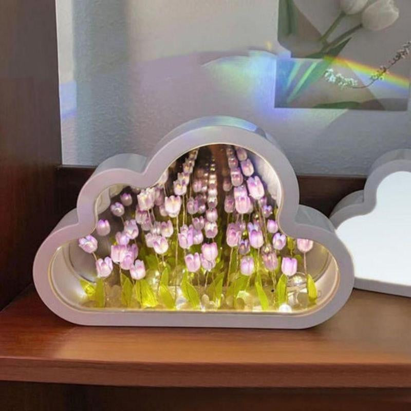 Forever Tulip Mirror - LED Cloud Tulips Mirror Tulips Flower Sea Table Lamp Home Desktop, Room Decor Gift for Girl, Wife, Lover, Mom Birthday Anniversary Gift, Halloween Gift Christmas Gift