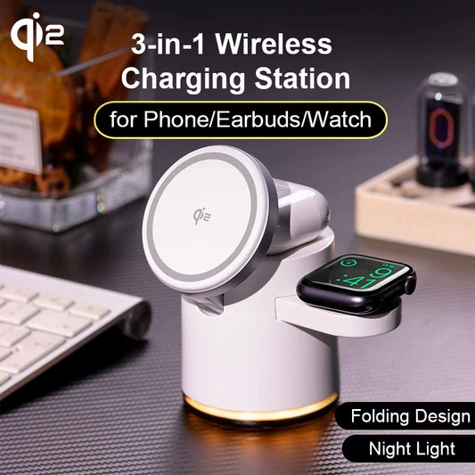 2025 New Qi2 Wireless Charger 3-In-1 Fast Charging Station Stand Folding Holder for Iphone 16 15 14 Pro Max Airpods Apple Watch