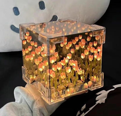 Tulip Night Light DIY Cube Tulip Mirror Lamp Led Decorative Nights Lamp for Bedroom Mirror Lamp Magic Cube Tulips Flower Table Lamp Nights Lamp for Bedroom and Mirror 2 in 1 (Pink Purple Blue Tulips) Springtok