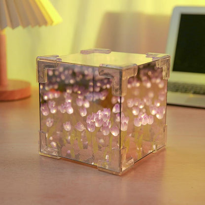 Tulip Night Light DIY Cube Tulip Mirror Lamp Led Decorative Nights Lamp for Bedroom Mirror Lamp Magic Cube Tulips Flower Table Lamp Nights Lamp for Bedroom and Mirror 2 in 1 (Pink Purple Blue Tulips) Springtok